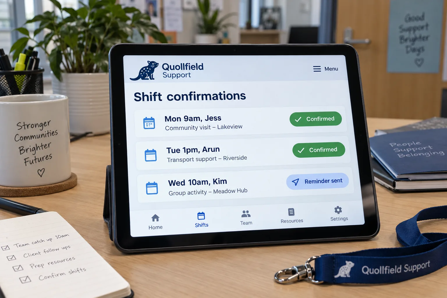 A tablet showing a Quollfield Support shift confirmations list concept
