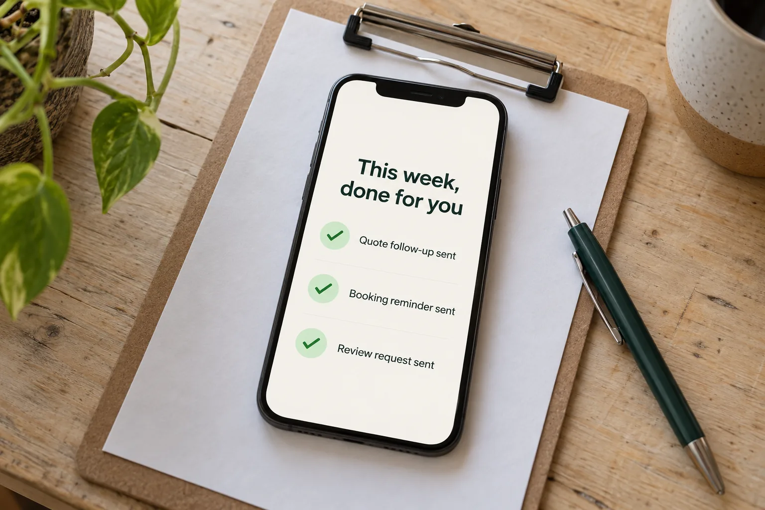 A phone on a clipboard showing a This week, done for you list concept