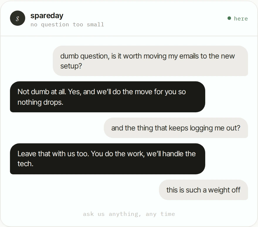 A chat where a business owner asks a question about their own systems and gets a plain answer back the same day