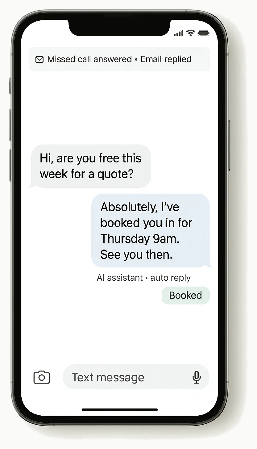 A phone showing a missed call answered by an automatic text message, and the customer booking a time in the reply