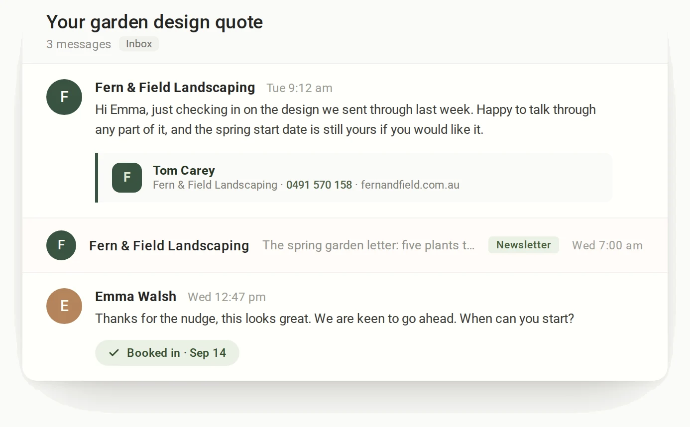 An email thread where a quote follow up went out on its own three days later, the customer replied, and the job was booked in