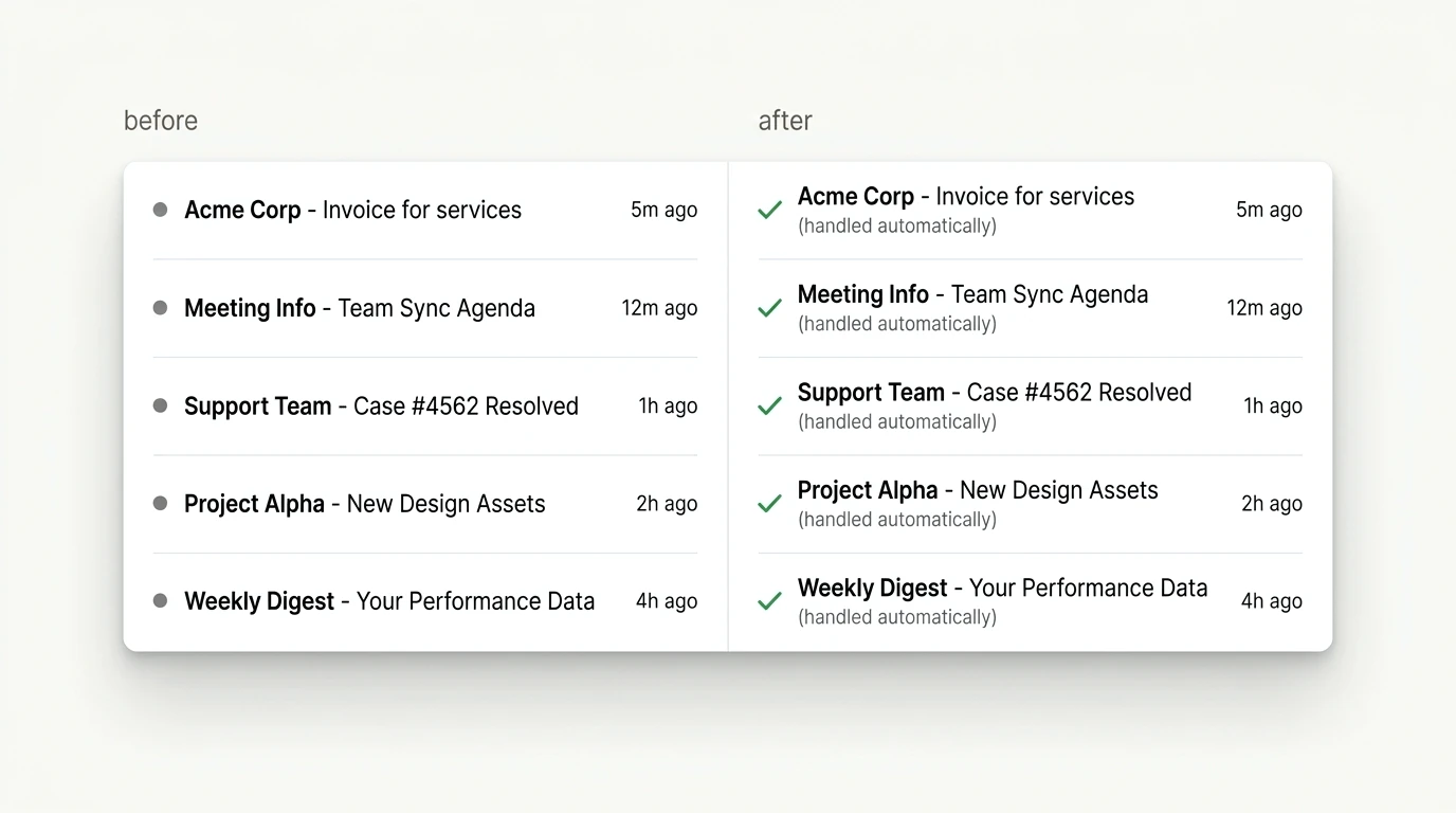 The same inbox shown twice, first with five messages waiting and then with every one of them marked handled automatically