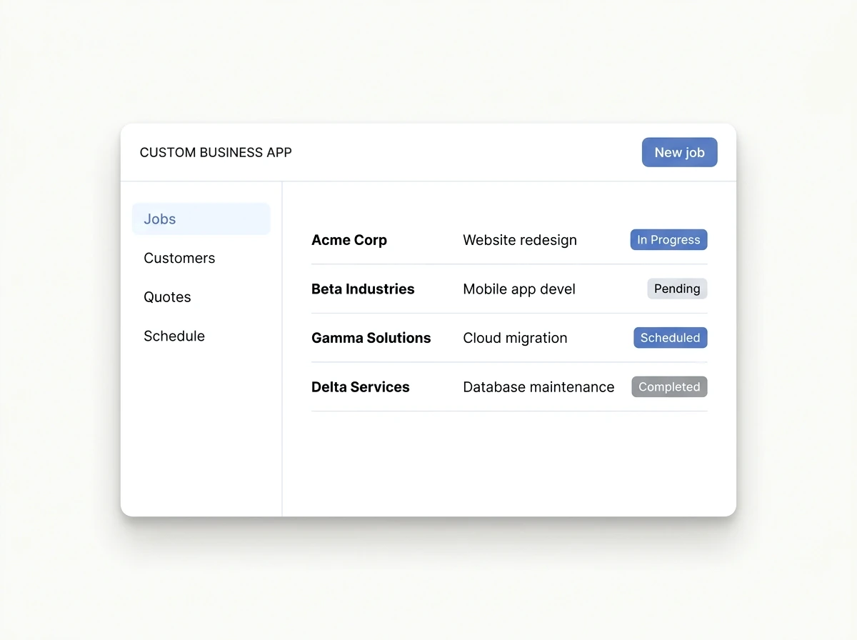 A custom business tool built for one company, showing its jobs, customers, quotes and schedule in one screen