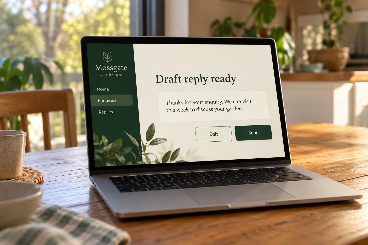 A laptop showing a Mossgate Landscapes draft reply ready for review concept