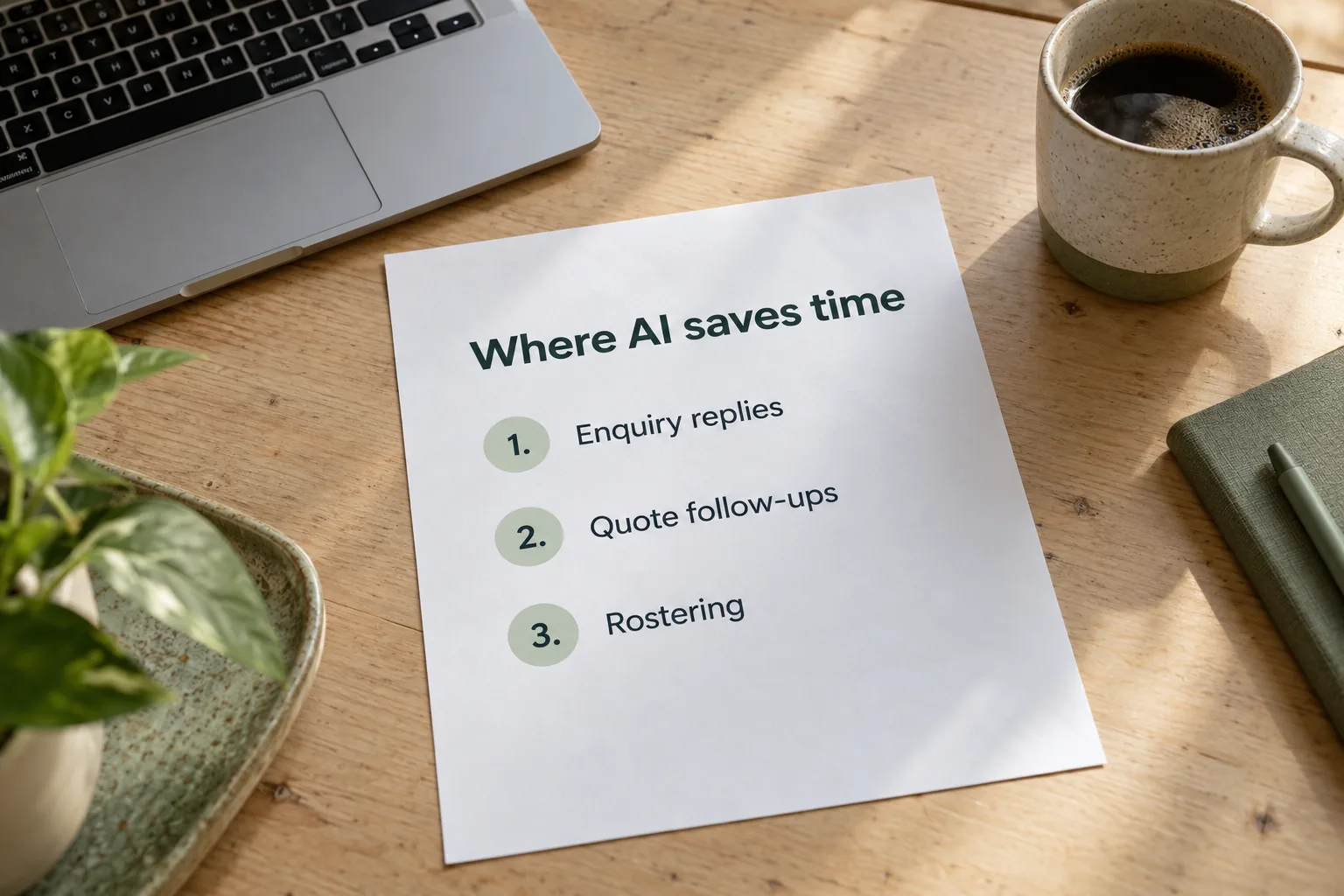 A printed Where AI saves time plan on a desk, a concept document