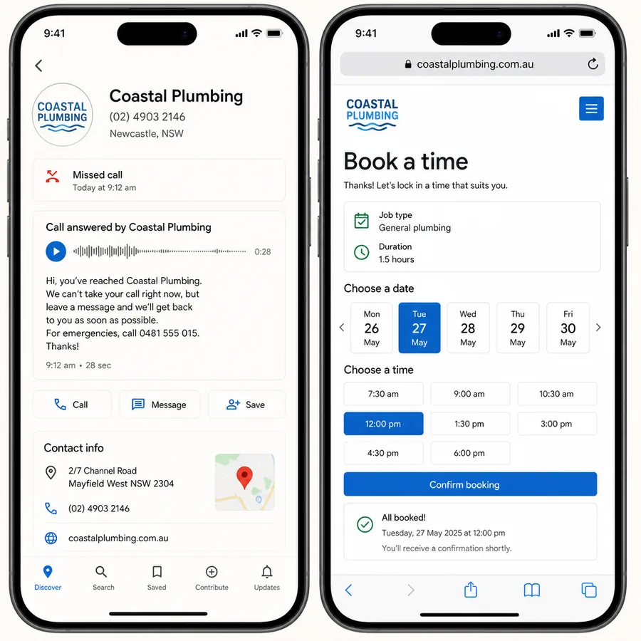 A conversation with a business's own assistant, answering a customer question using the business's own prices and hours