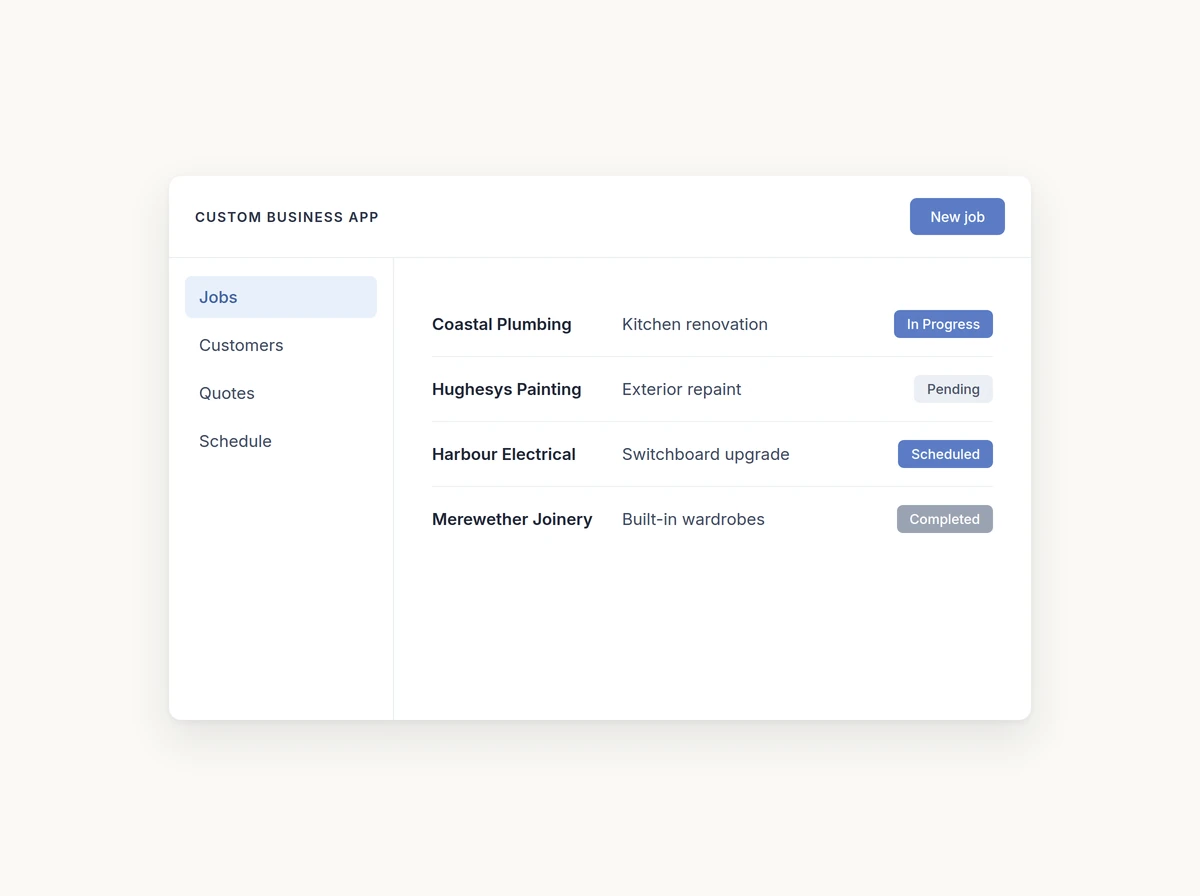 A tool built for one business showing its jobs, its customers and its quotes in one screen, in accounts the business owns