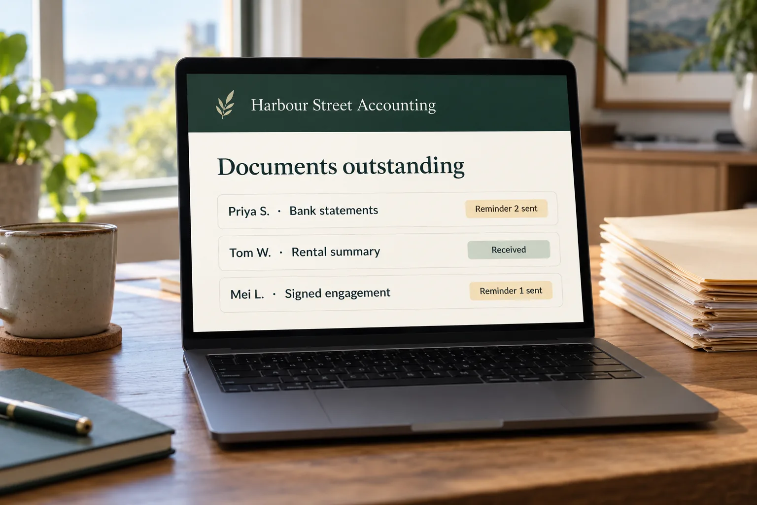 A laptop showing a Harbour Street Accounting documents outstanding list concept