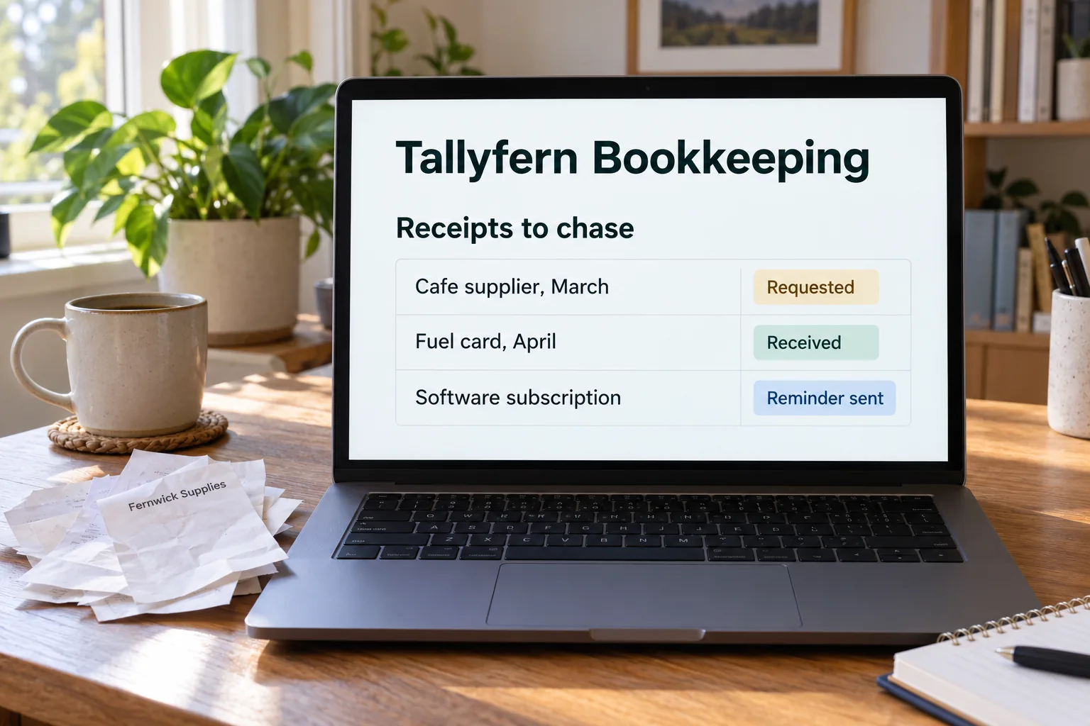 A laptop showing a Tallyfern Bookkeeping receipts to chase list concept