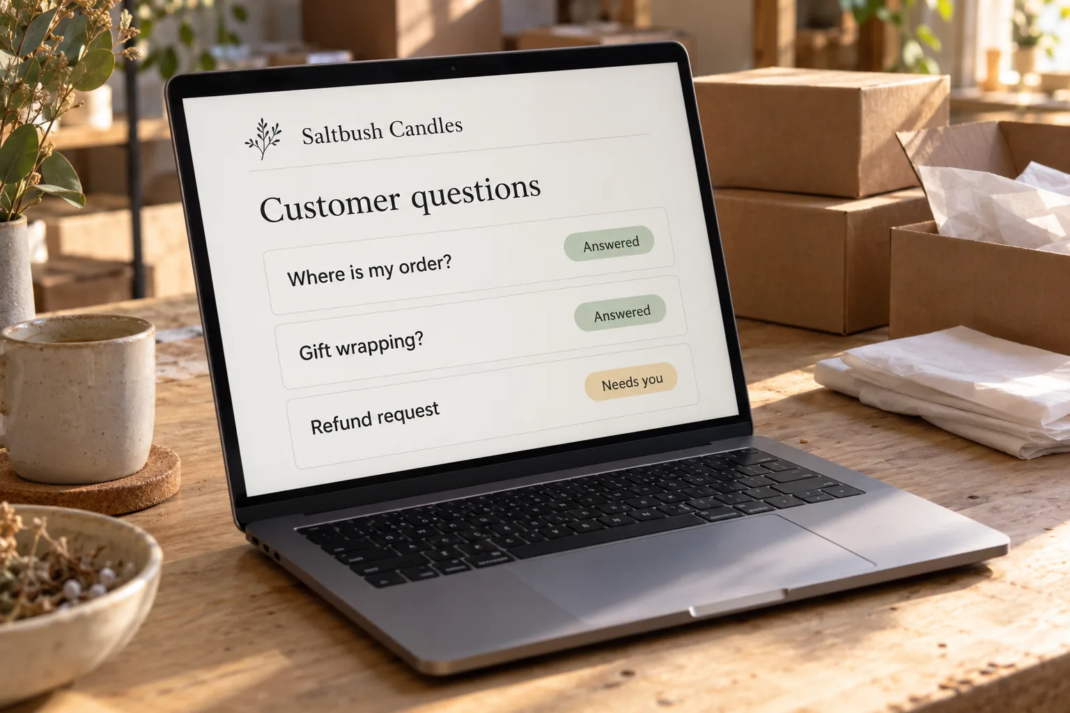 A laptop on a packing table showing a Saltbush Candles customer questions screen concept