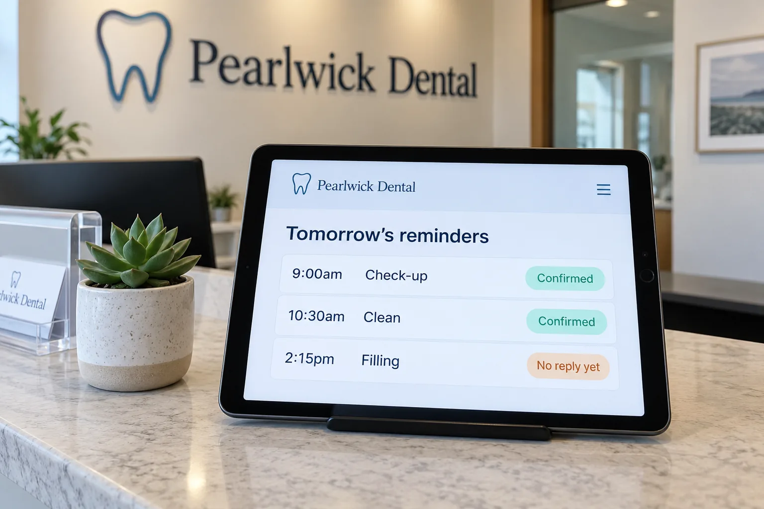 A tablet on a clinic front desk showing a Pearlwick Dental tomorrow's reminders list concept