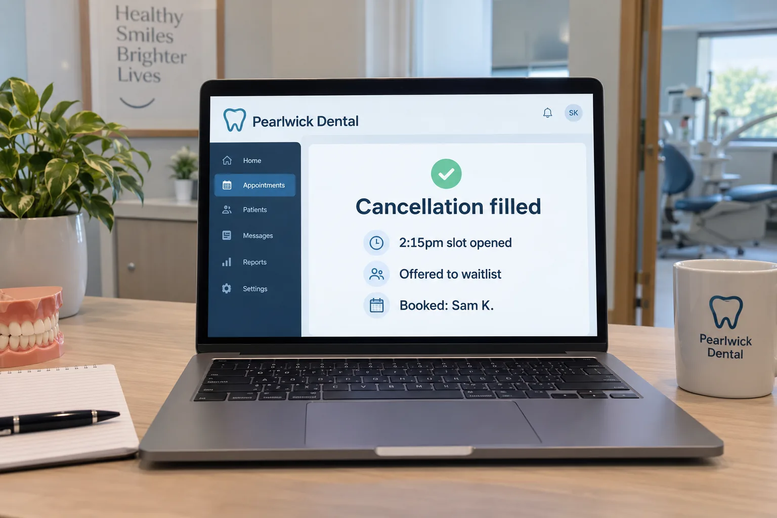 A laptop showing a Pearlwick Dental cancellation filled from the waitlist concept
