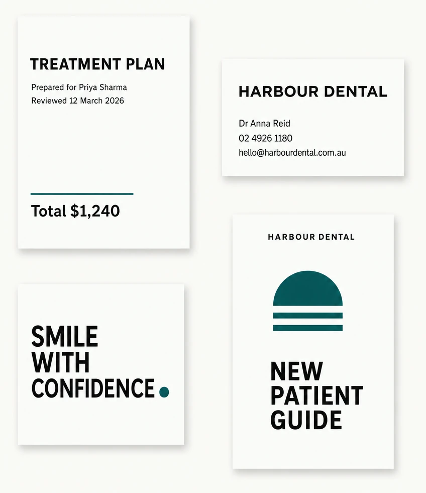 The patient-facing pieces for one practice laid out together, the new patient guide and the reminders, all set the same way