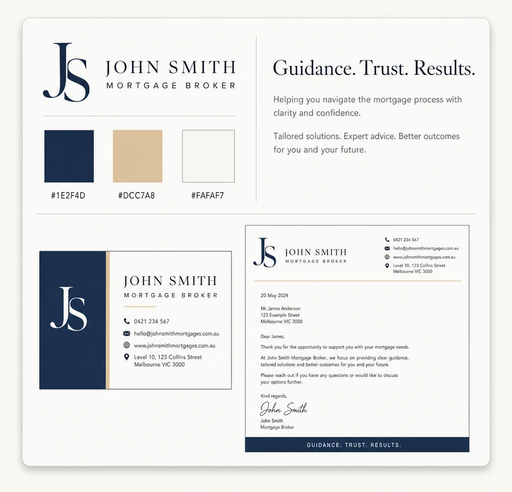 The finished pieces for one mortgage broker side by side: the letterhead, the business card and the client documents, all set the same way