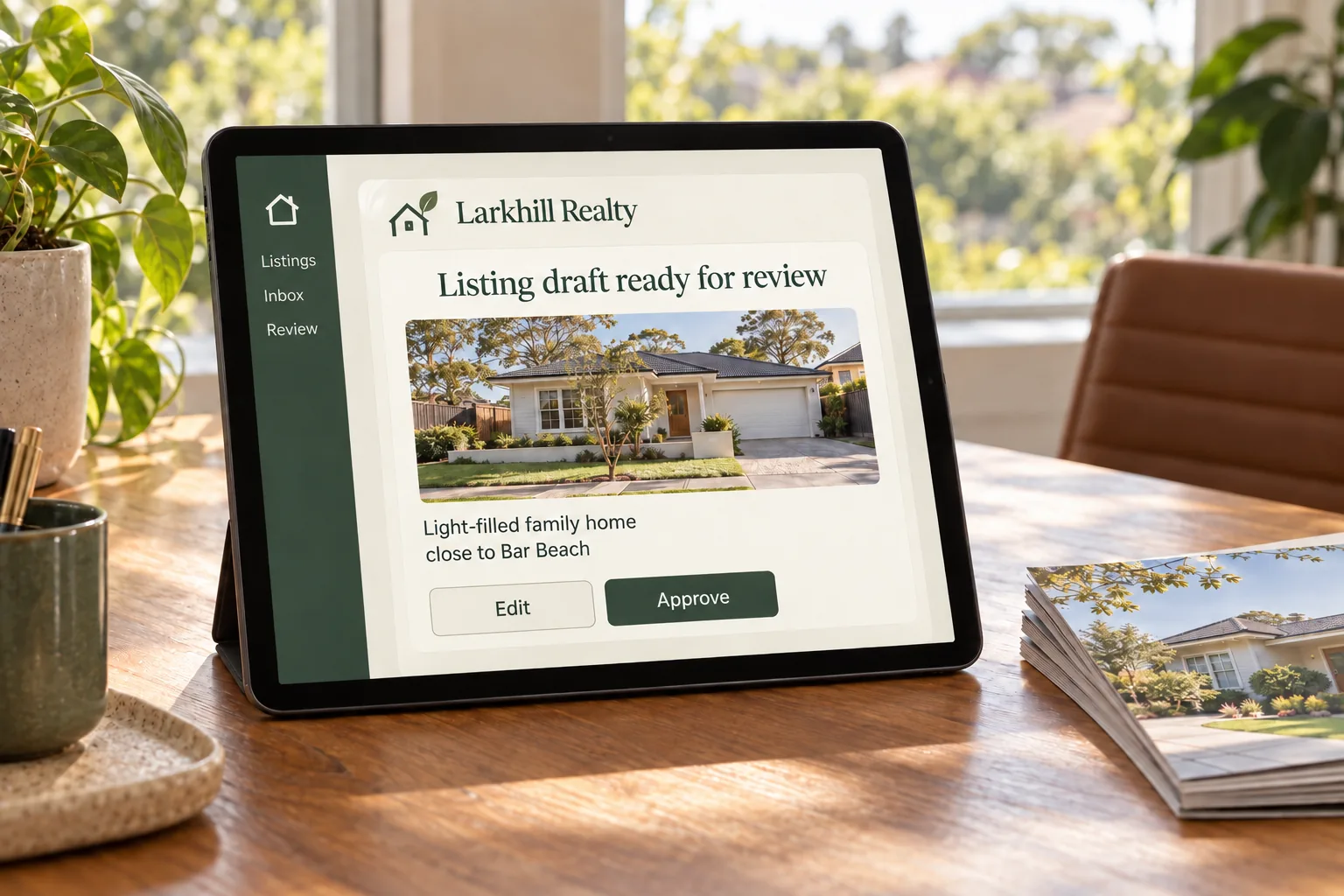 A tablet showing a Larkhill Realty listing draft ready for review concept