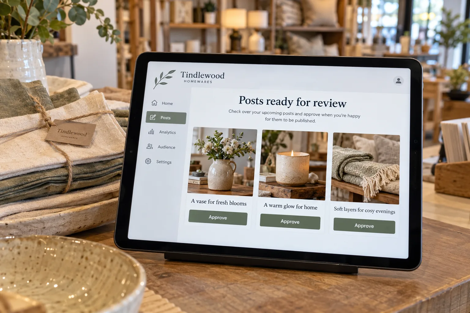A tablet on a shop counter showing Tindlewood Homewares social posts ready for review concept