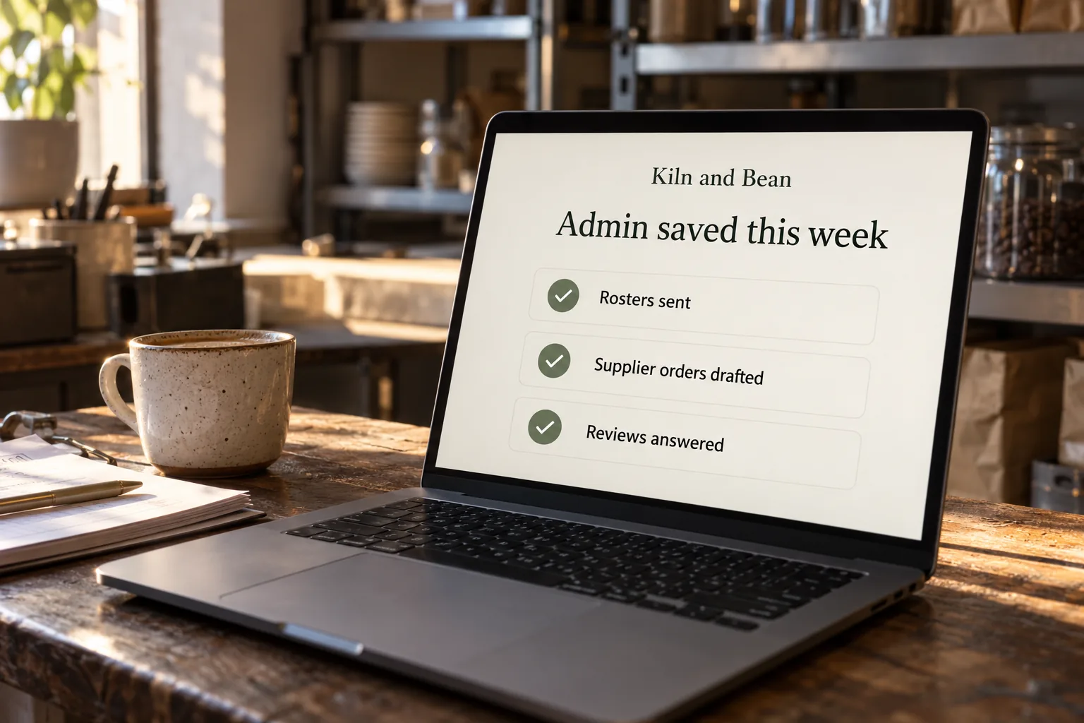 A laptop showing a Kiln and Bean admin saved this week list concept