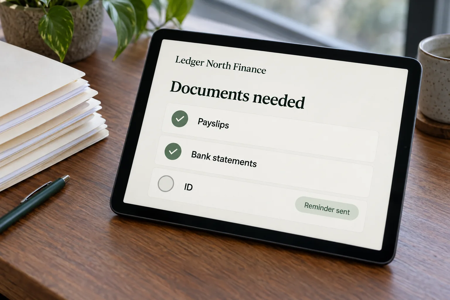 A tablet showing a Ledger North Finance documents needed checklist concept