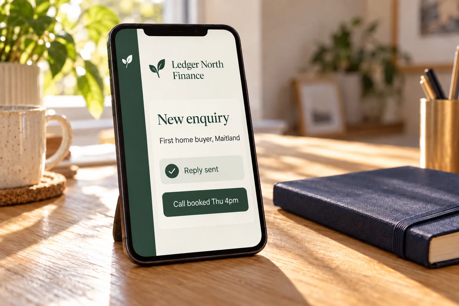 A phone showing a Ledger North Finance new enquiry with a call booked concept