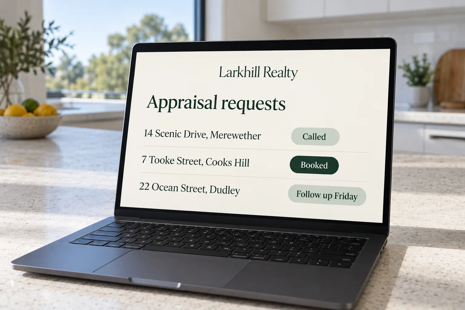 A laptop showing a Larkhill Realty appraisal requests list concept