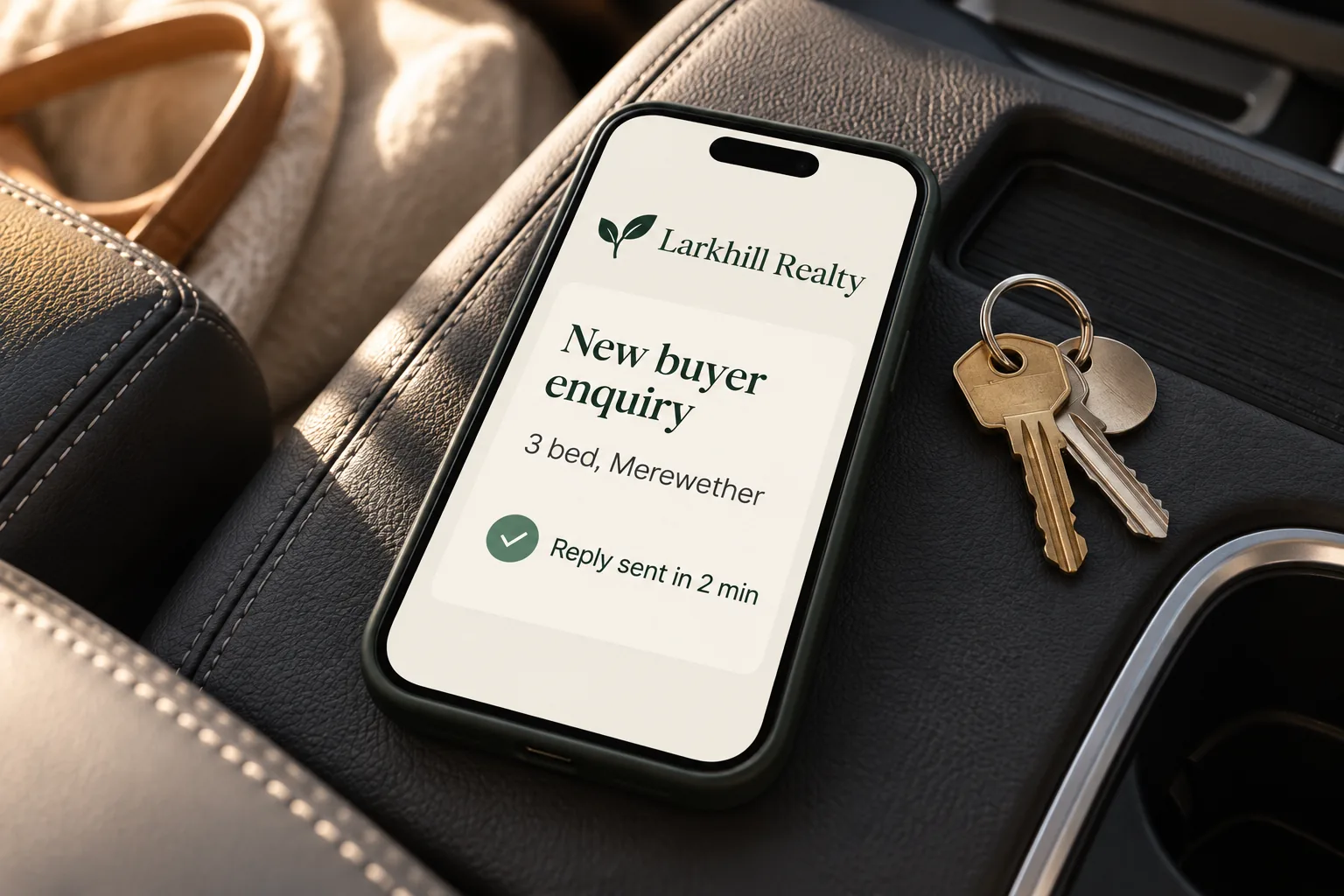 A phone in a car showing a Larkhill Realty new buyer enquiry reply concept