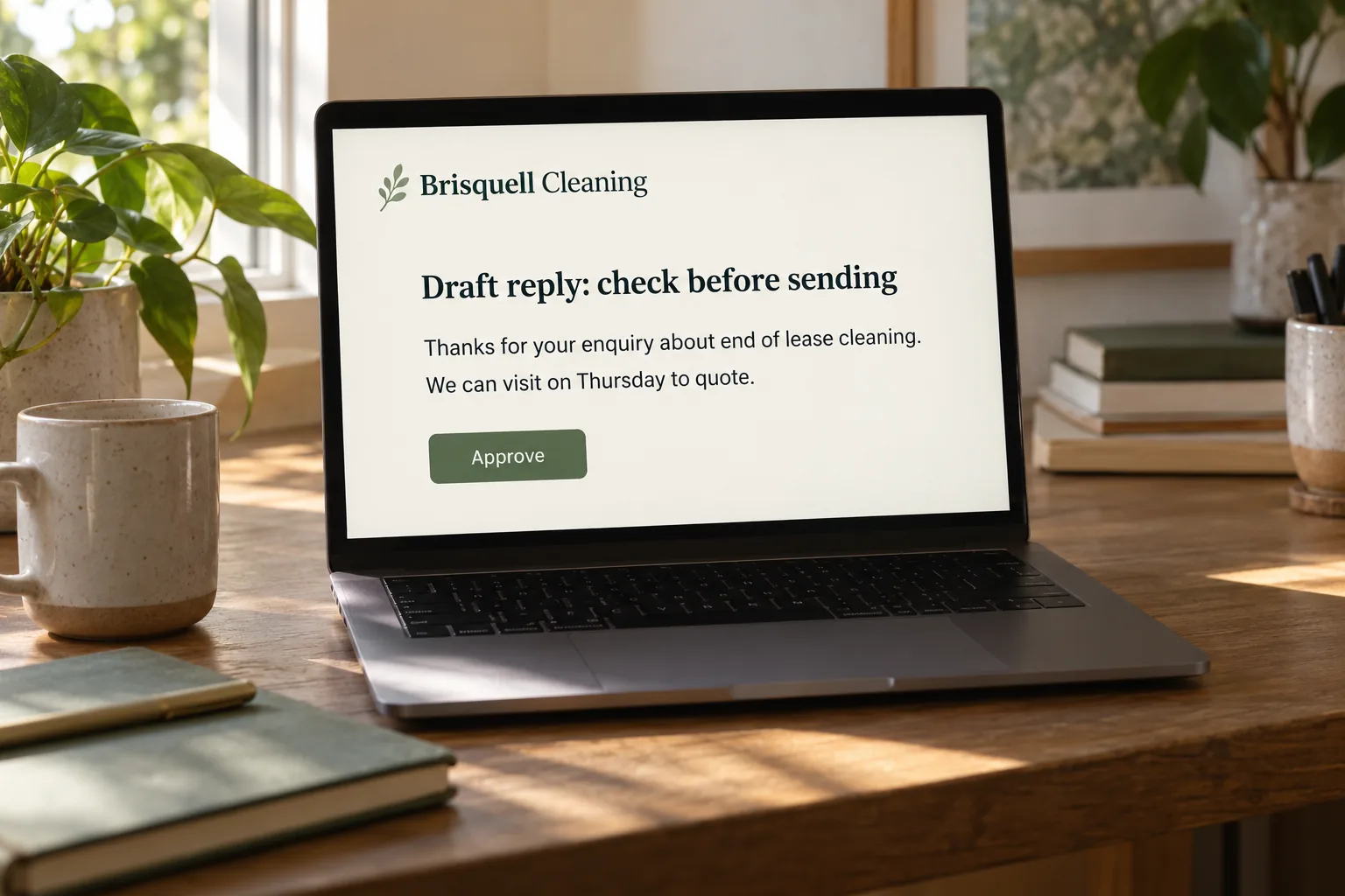 A laptop on a home office desk showing a Brisquell Cleaning draft reply waiting for approval concept