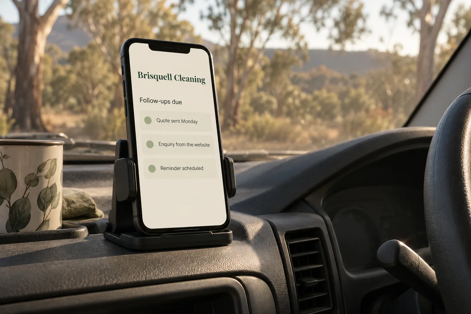 A phone on a van dashboard showing a Brisquell Cleaning follow-ups due list concept