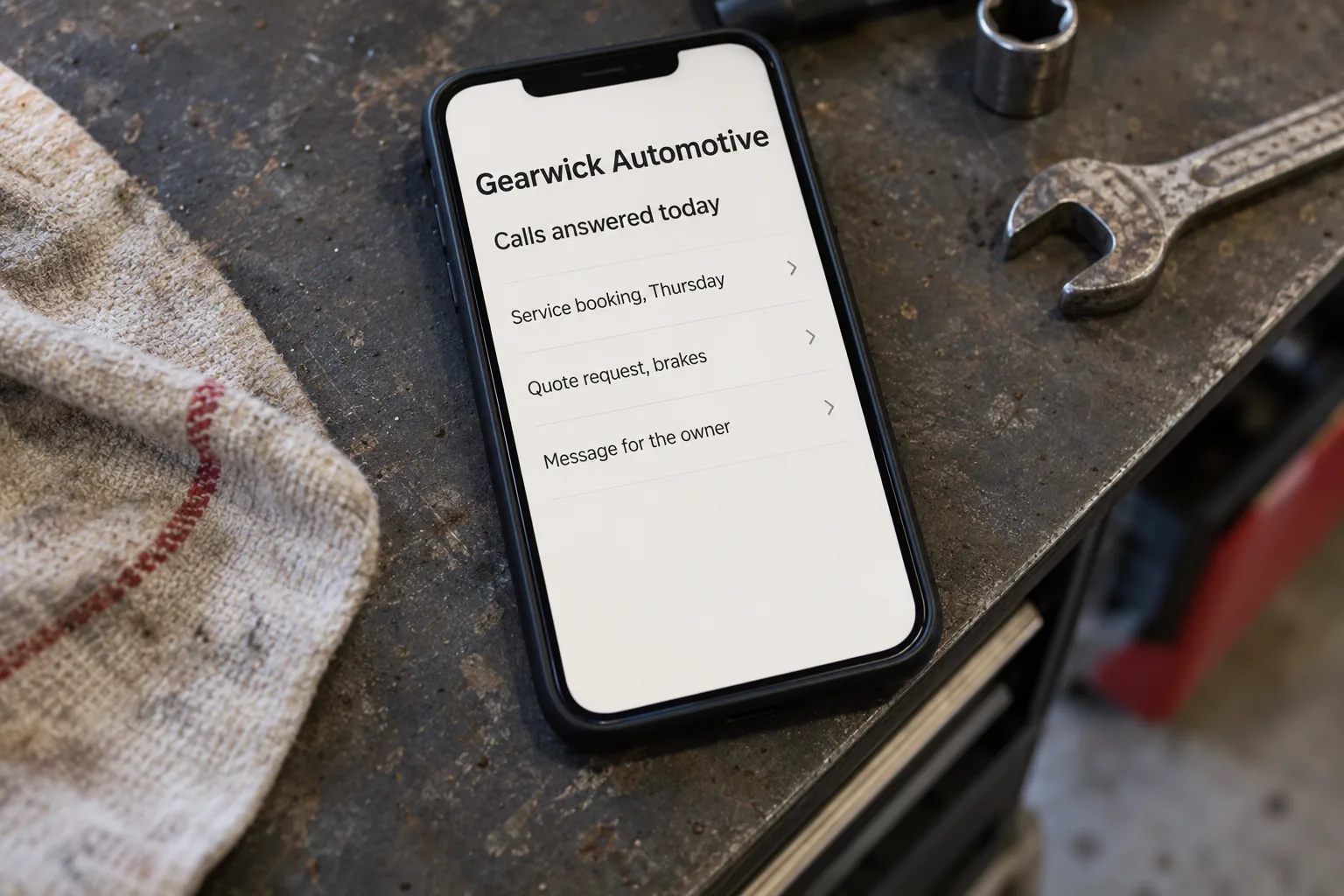 A phone on a workshop bench showing a Gearwick Automotive calls answered today list concept