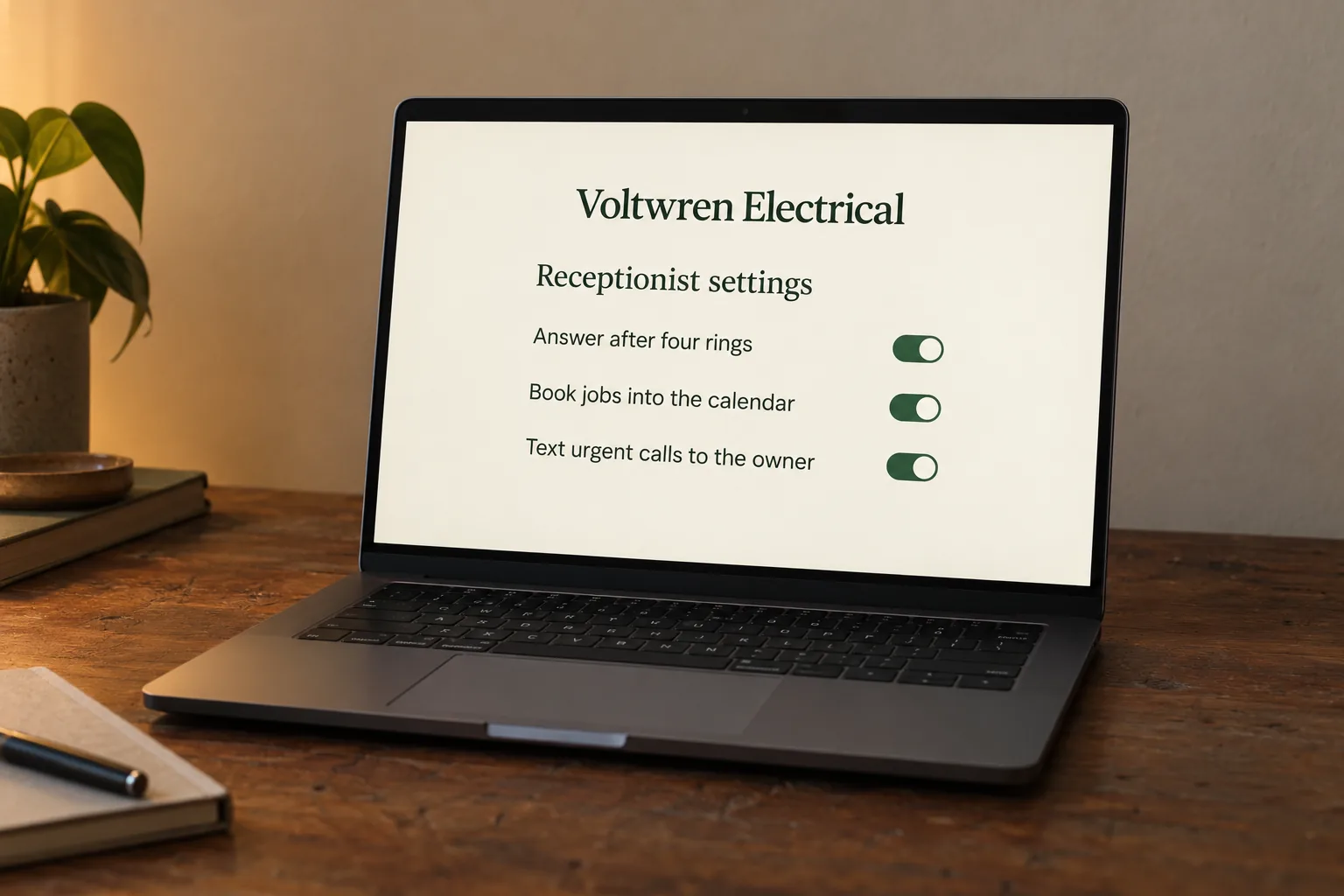 A laptop on a home office desk showing a Voltwren Electrical receptionist settings screen concept