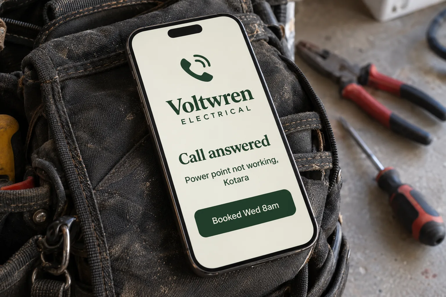 A phone on a toolbag showing a Voltwren Electrical call answered and booked concept