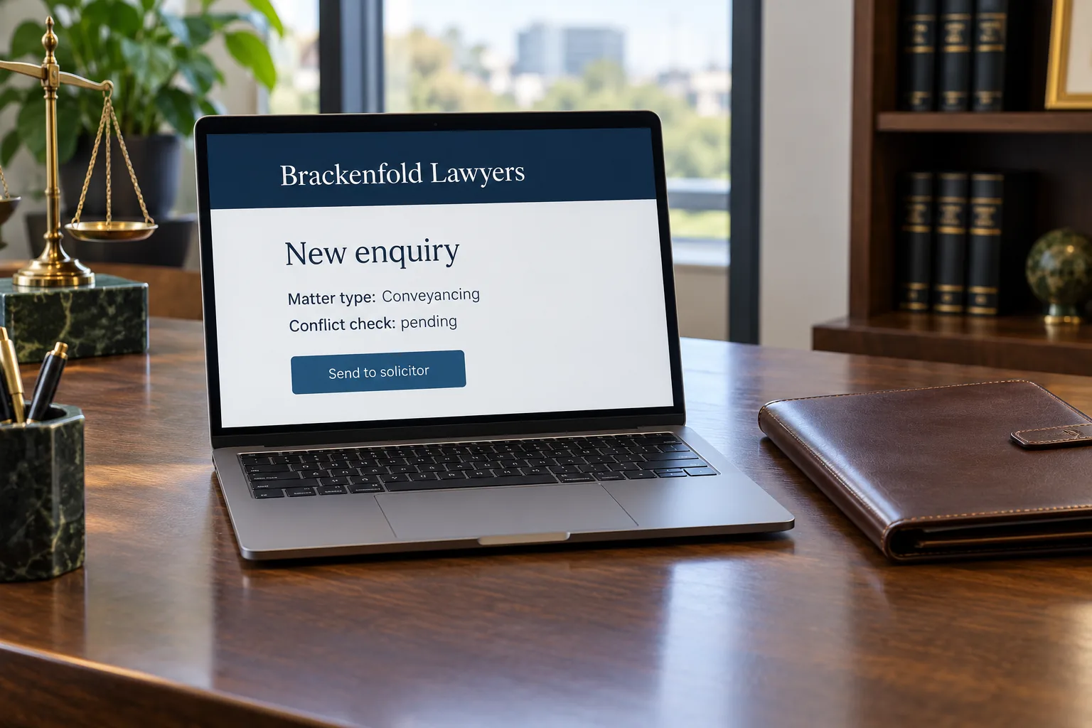 A laptop showing a Brackenfold Lawyers new enquiry intake screen concept