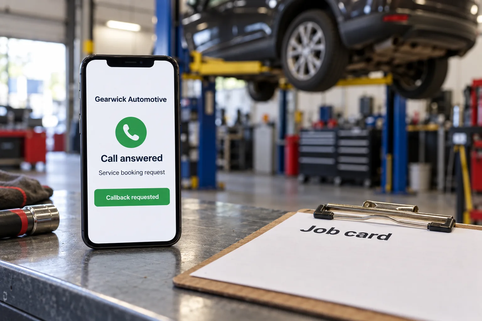 A phone on a workshop counter showing a Gearwick Automotive call answered concept