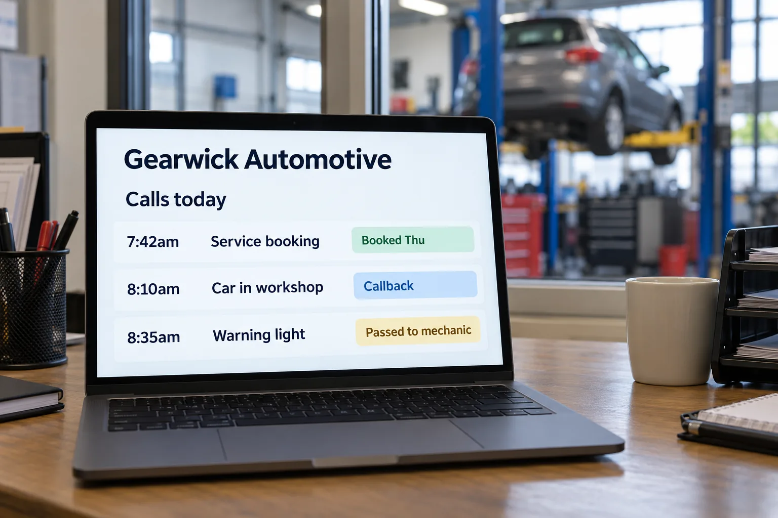A laptop showing a Gearwick Automotive calls today list concept