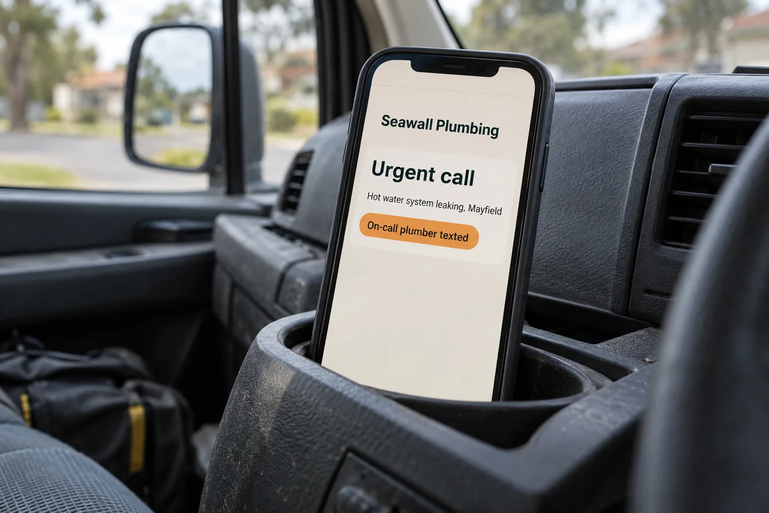 A phone in a van showing a Seawall Plumbing urgent call passed to the on-call plumber concept