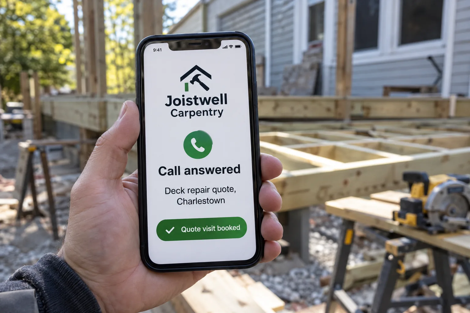 A phone on a job site showing a Joistwell Carpentry call answered and quote visit booked concept