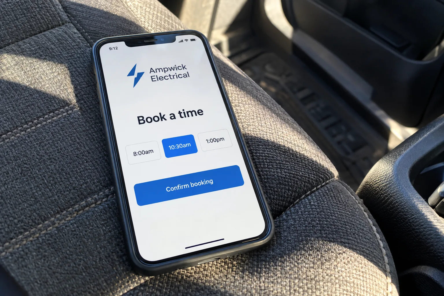 A phone on a ute seat showing an Ampwick Electrical booking screen concept