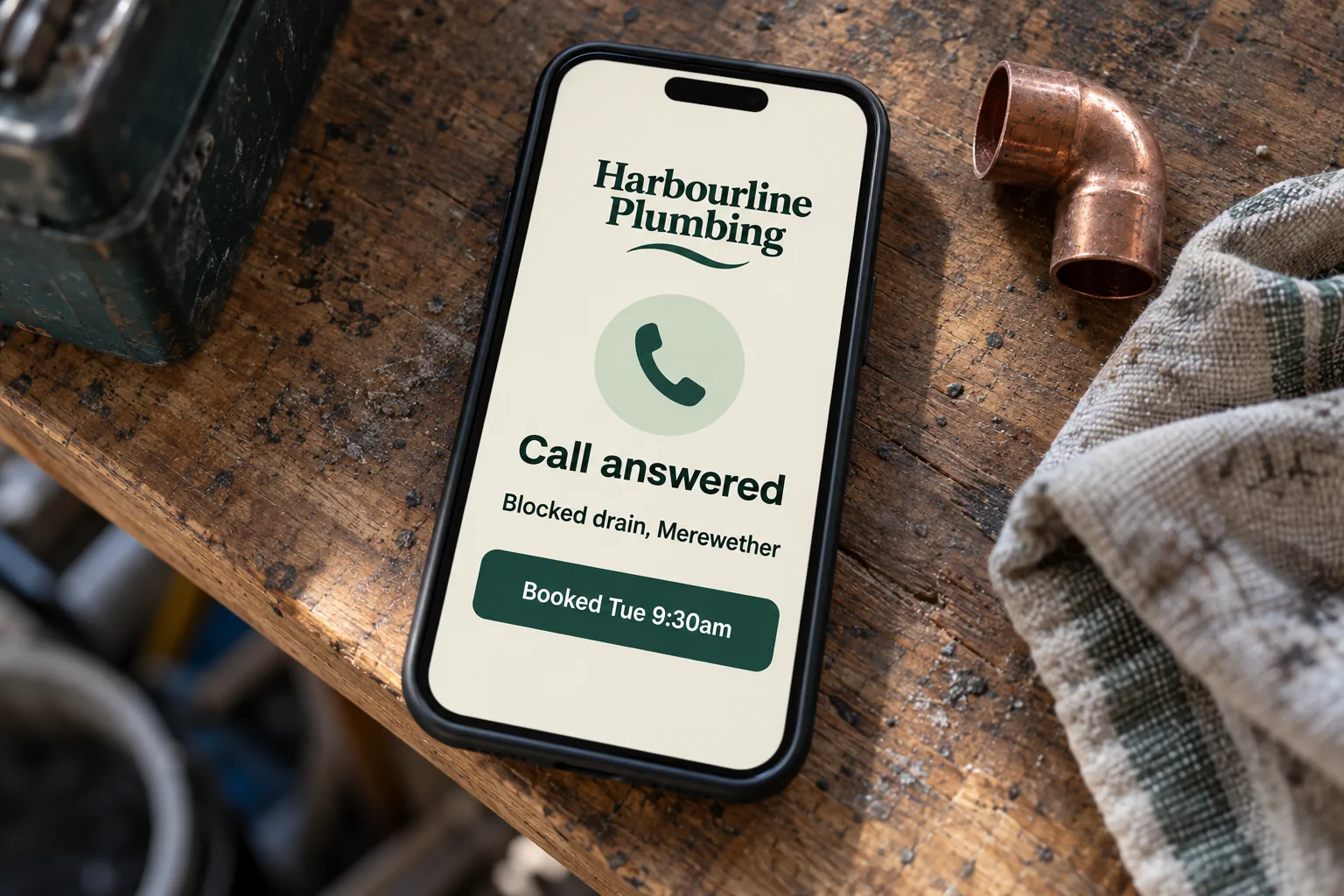 A phone on a workbench showing a Harbourline Plumbing call answered and booked for Tuesday concept screen