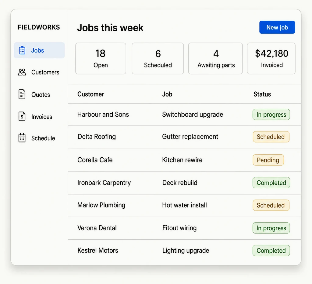 A custom job management app for a small trade business, showing totals across the top and seven jobs with a status against each one
