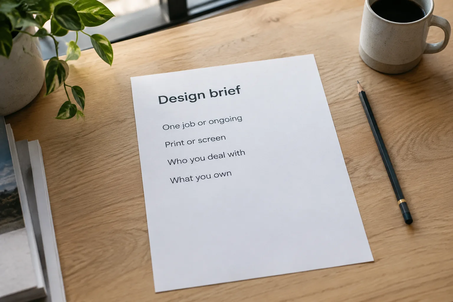 A printed design brief on a studio desk listing four things to weigh up when choosing a designer, a concept document