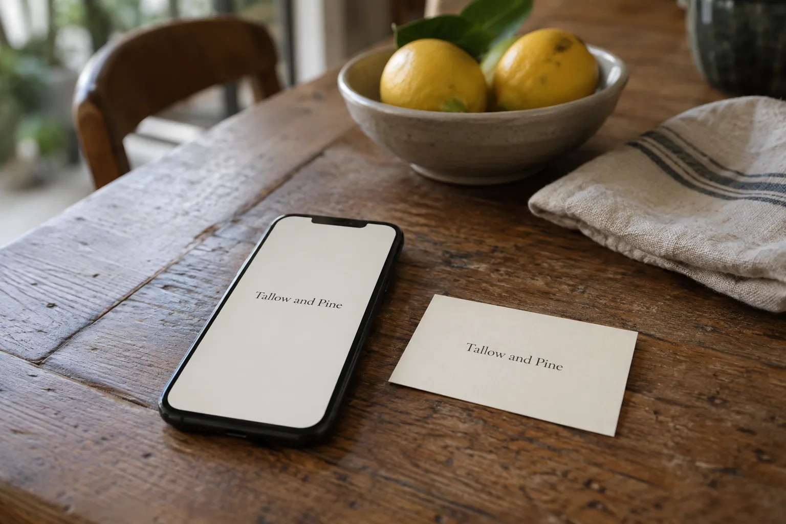 A phone and a business card both showing a small Tallow and Pine wordmark, a concept design
