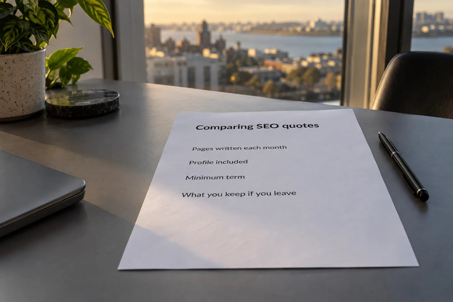 A printed sheet on an office desk listing what to compare between SEO quotes, a concept document