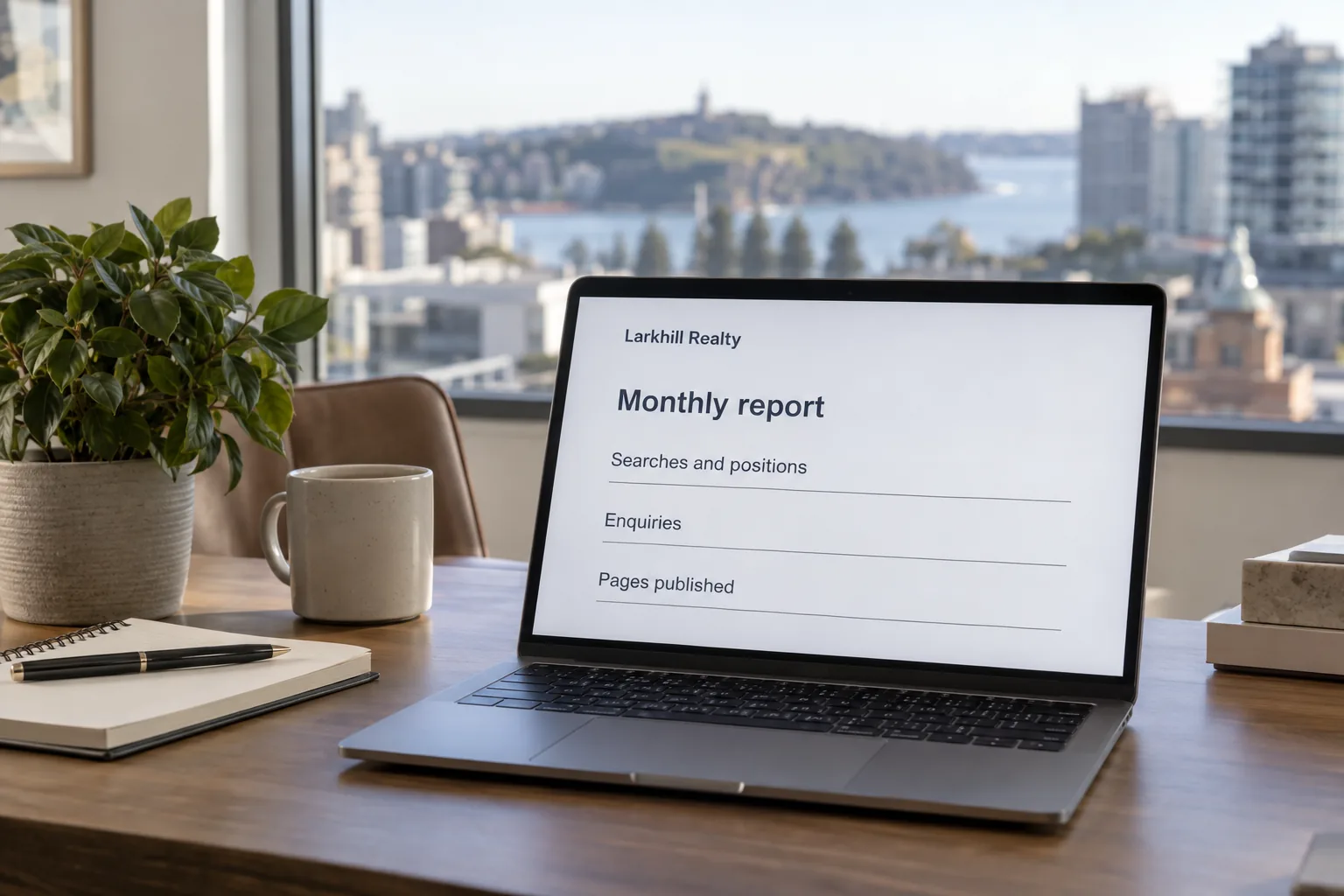 A laptop on a real estate office desk showing a Larkhill Realty monthly SEO report concept