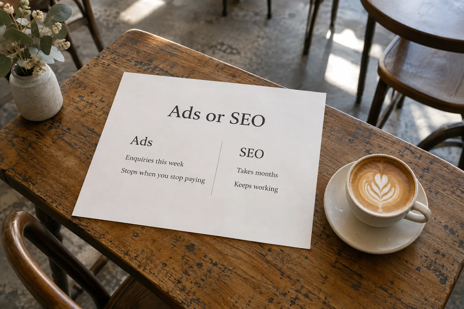 A printed sheet on a cafe table comparing ads and SEO, a concept document