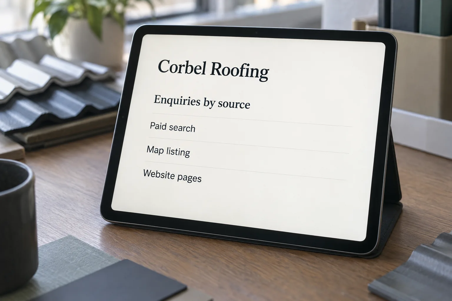 A tablet on a roofing office desk showing a Corbel Roofing enquiries by source list concept