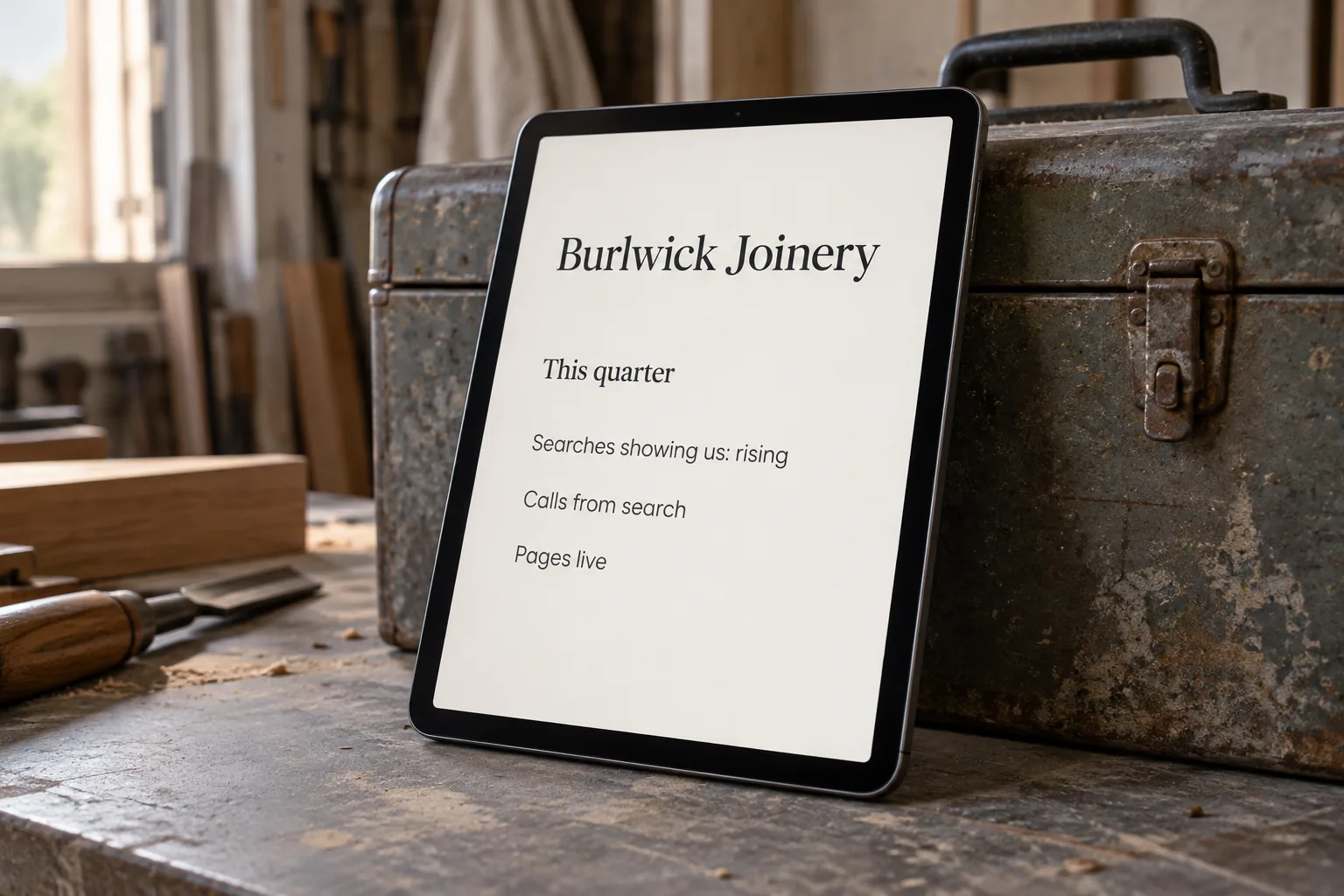 A tablet on a toolbox showing a Burlwick Joinery quarterly search progress screen concept