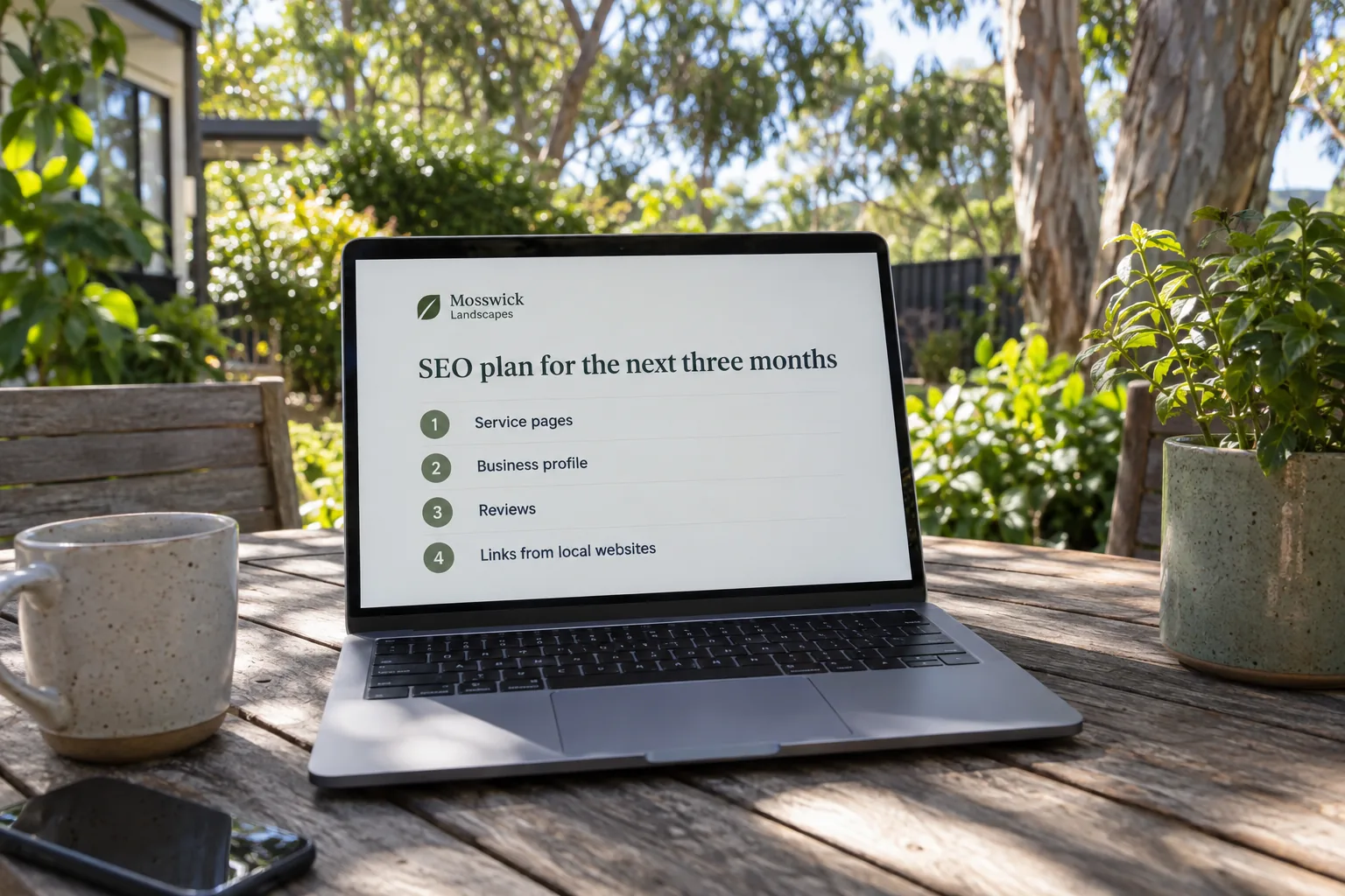 A laptop on an outdoor table showing a Mosswick Landscapes three month SEO plan concept