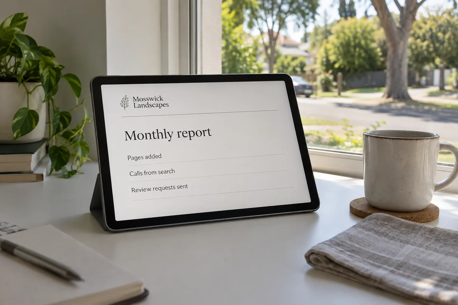 A tablet on a desk showing a Mosswick Landscapes monthly SEO report concept