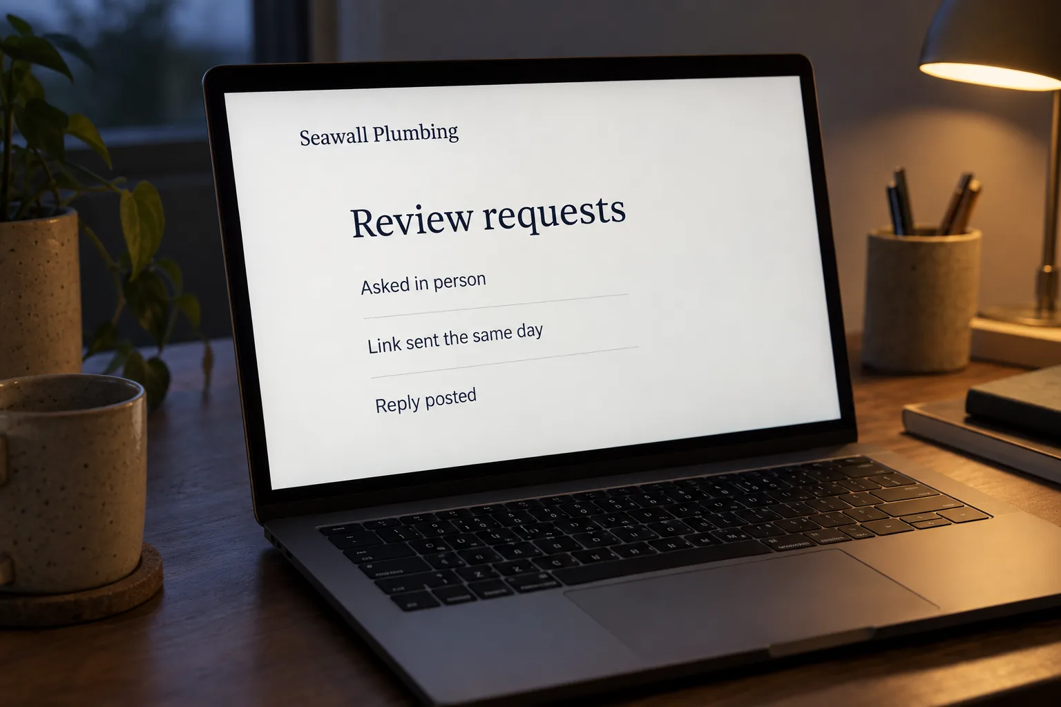 A laptop on a home office desk showing a Seawall Plumbing review requests routine concept