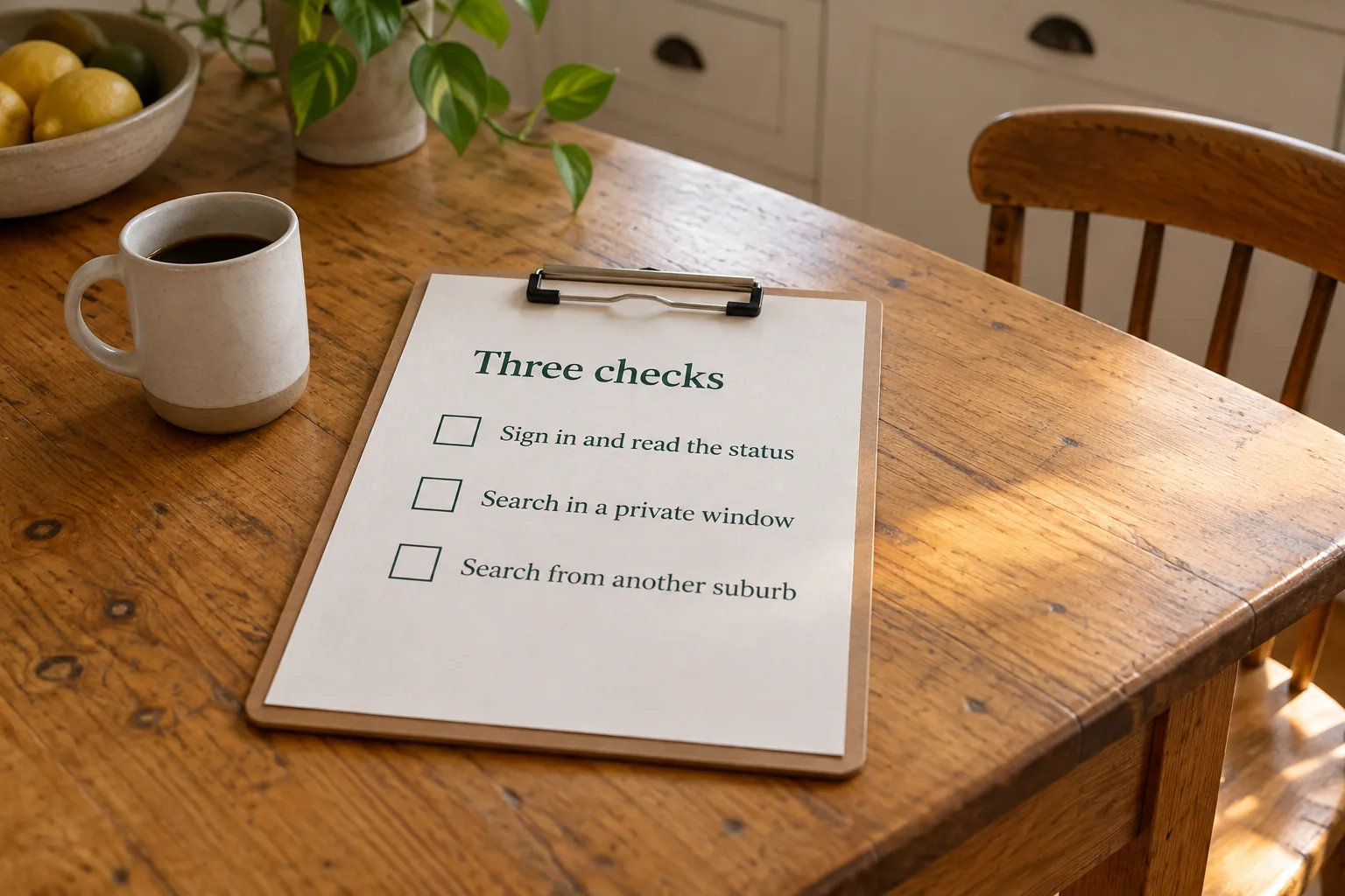 A printed checklist of three checks for a business missing from the map, a concept document