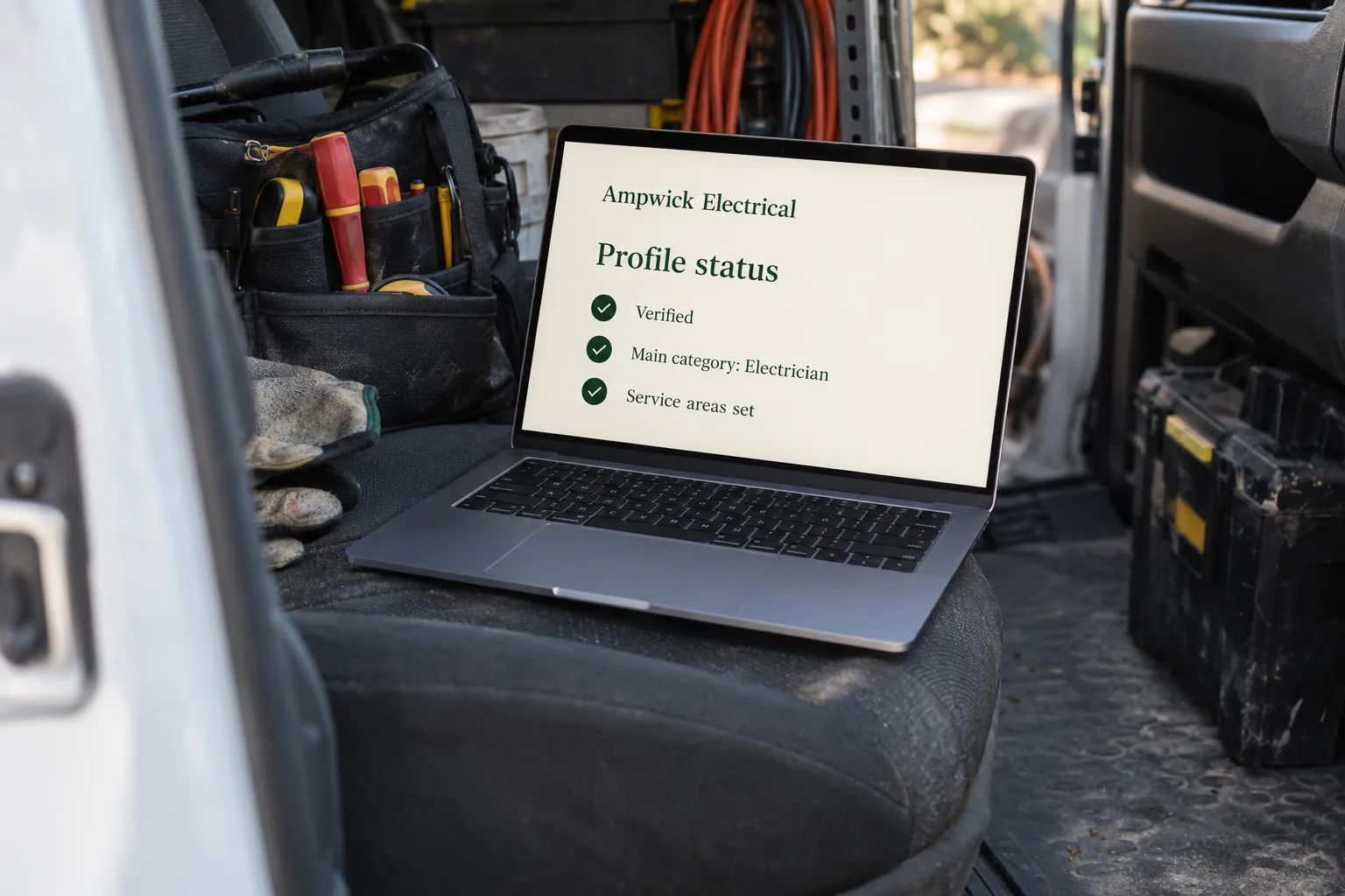 A laptop on a van seat showing an Ampwick Electrical business profile status screen concept